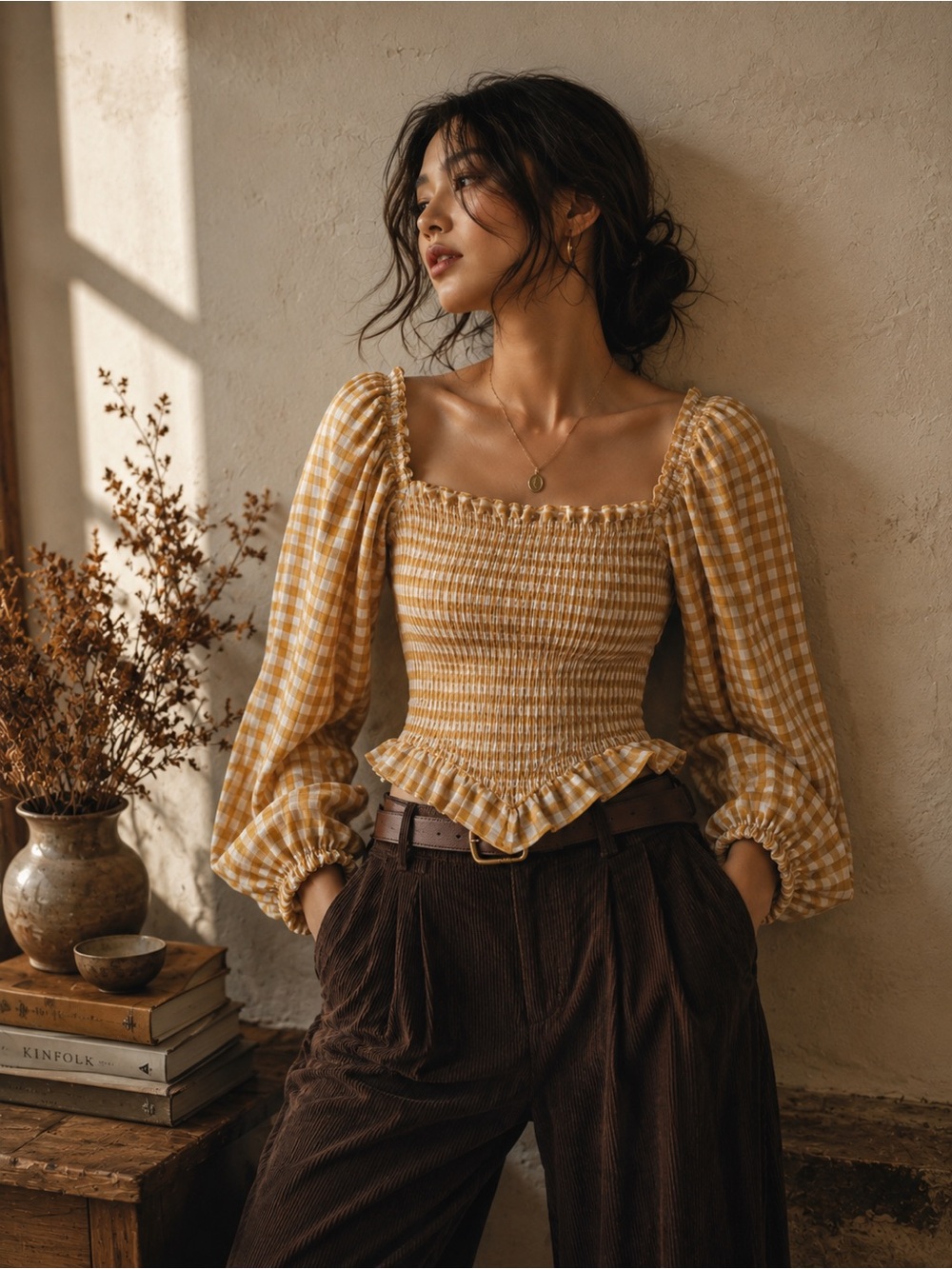 Gingham Puff Sleeve Blouse with Square neck Smocked Top Yellow M Romantic Fall